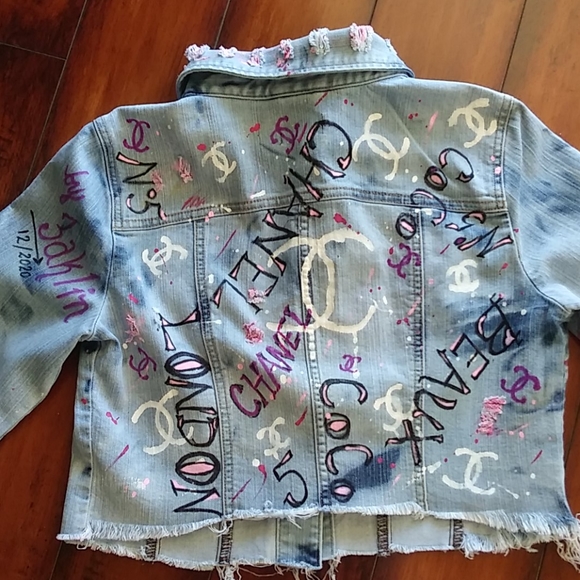 Hand Painted Distressed Crop Denim Jacket - Picture 2 of 3